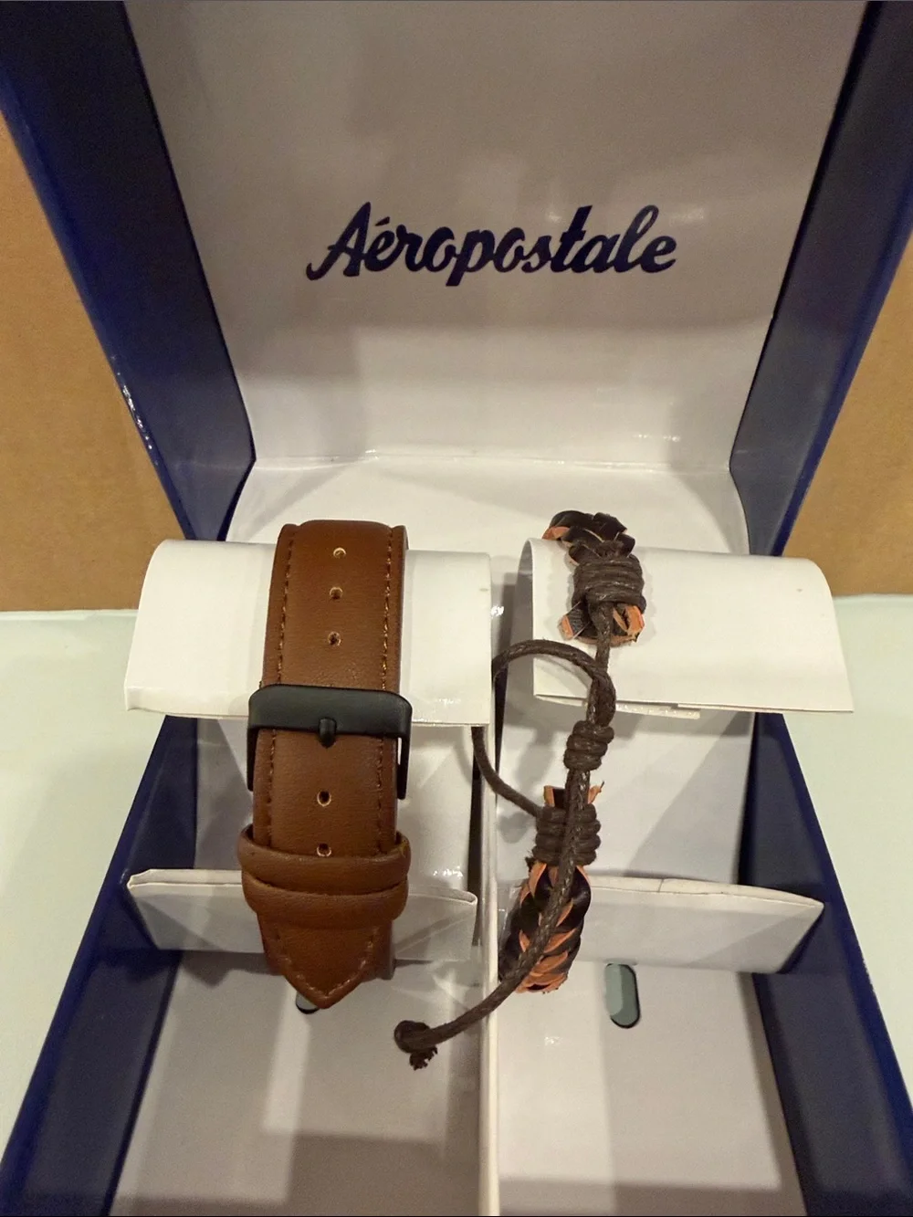 Aeropostale Men's Copper Dial Brown Leather Watch with Braided Brown Bracelet